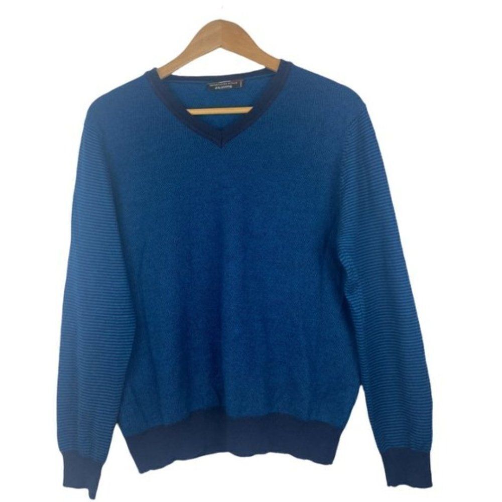 Simons Men's Blue Knit Italian Merino Wool Blend V Neck Long Sleeve Sweater US S - Picture 3 of 8